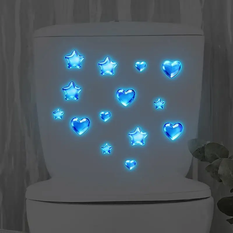 【YA】Removable Glow in the Dark Toilet Sticker Blue Stars Hearts Self Adhesive Luminous Bathroom Decor for Night Guidance