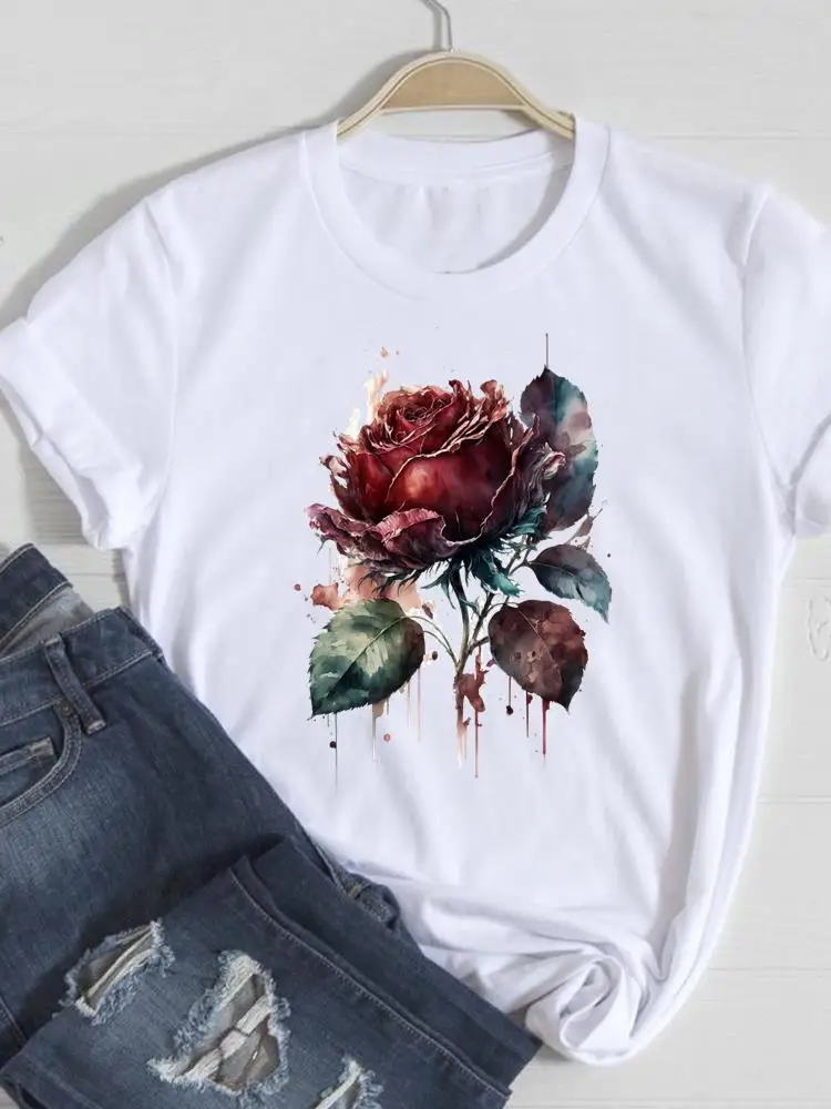 

Watercolor Flower 90s Trend Tee Casual Women Lady Print Short Sleeve Clothing Fashion Cartoon Tshirts Graphic T Top T-Shirt