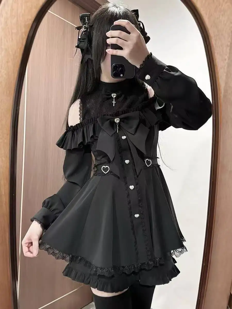 Japanese Gothic Y2k Lolita Style Bow Dress Shorts Set Women Lace Ruffles Off Shoulder Button Shirts Dress Sweet Slim Party Dress