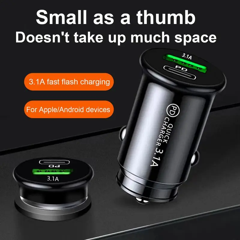 Car DualPort Mini USB Charger Ultra Fast Charging Cigarette LighterSocket 12-24V Fire-retardant PC Cell Phone Charging Adapter