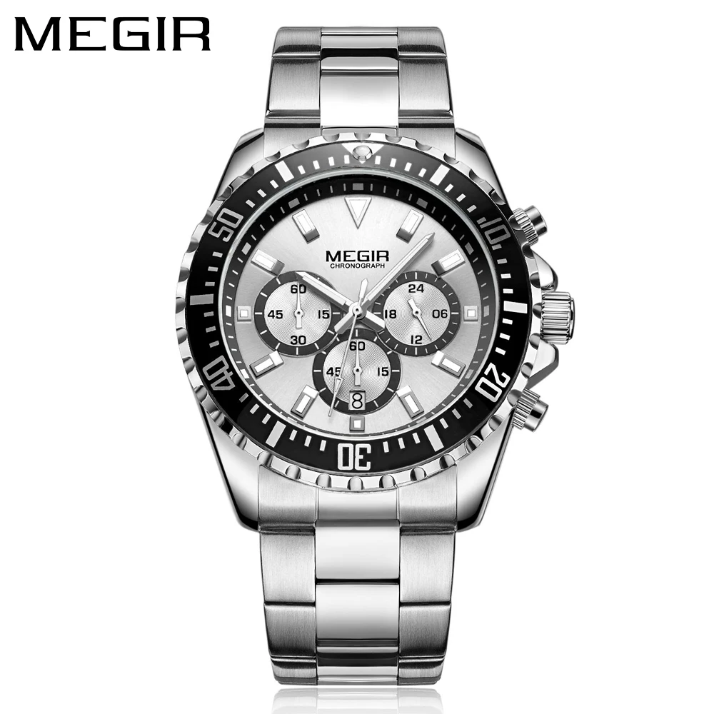 MEGIR Men\'s Stainless Steel Waterproof Luminous Wristwatch Chronograph Sport Quartz Analogue white Three-eyes Watches for Mens