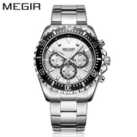 MEGIR Men's Stainless Steel Waterproof Luminous Wristwatch Chronograph Sport Quartz Analogue white Three-eyes Watches for Mens