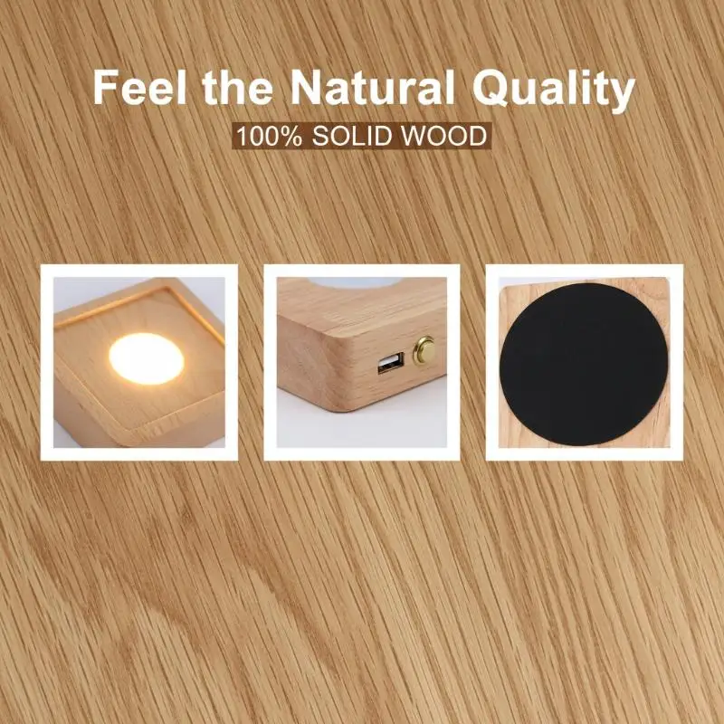 LED Square Wooden Atmosphere Lamp Holder Rechargeable Night Light Desktop Table Mood Light for Living Room