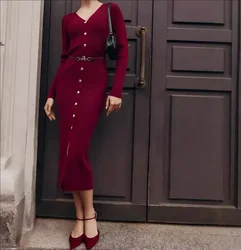 Women V-Neck with Button Split Maxi Dress Autumn Winter Long-sleeved Knitted Dresses 2025 New Hip-wrapped Sweater Cardigan Dress