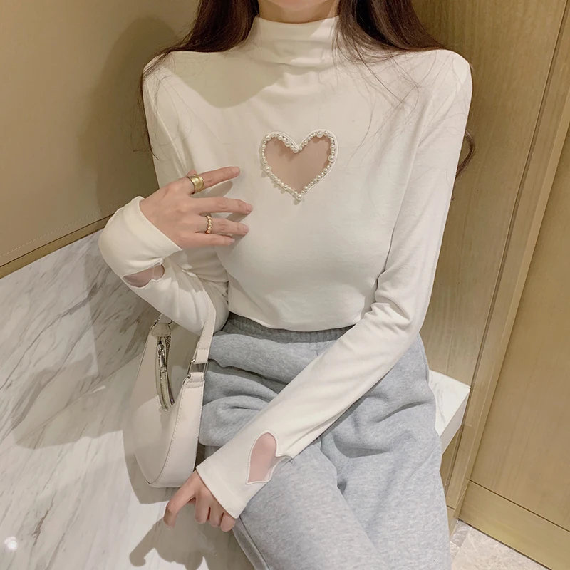 

Изысканная женская приталенная базовая рубашка с длинным рукавом и воротником-стойкой, с вырезом в форме сердца и жемчужным декором, сексуальная верхняя одежда