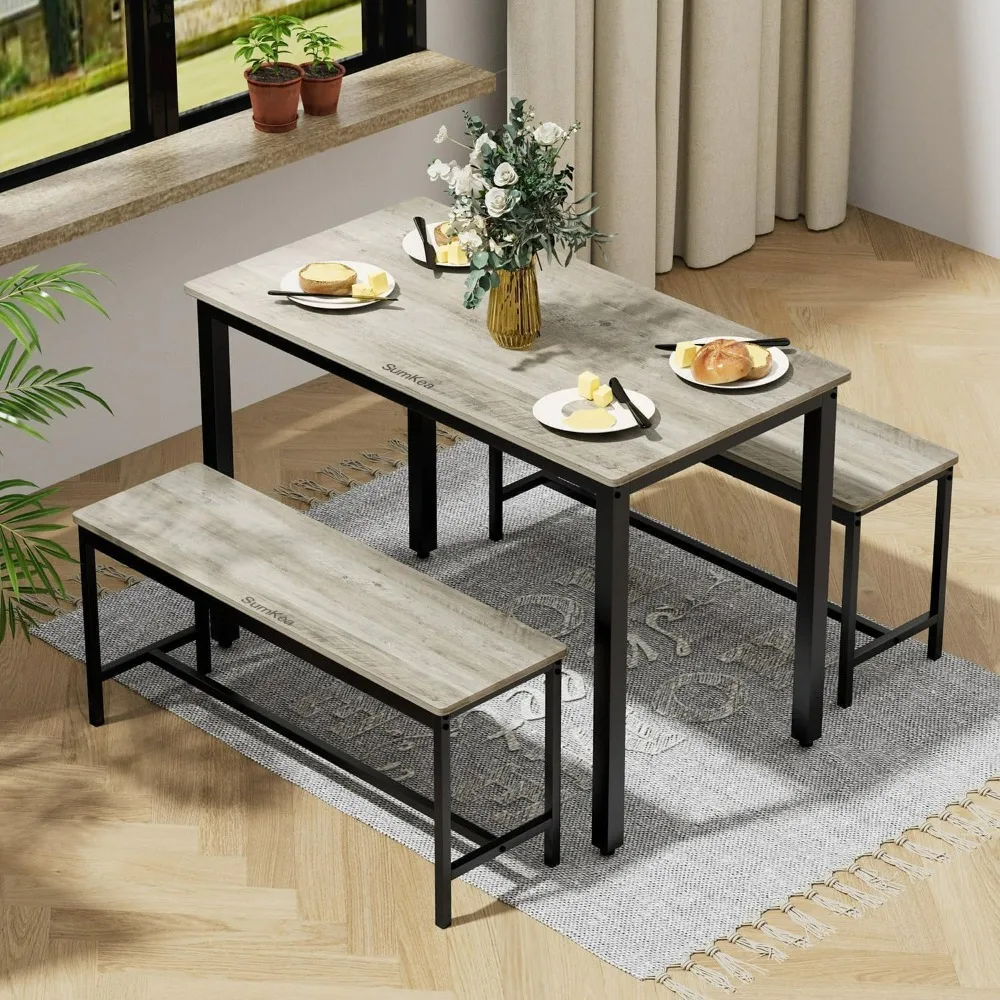 Dining Table Set for 4, Kitchen Room Table Set with 2 Benches, 3-Piece Dining Chairs Set for Breakfast Nook,