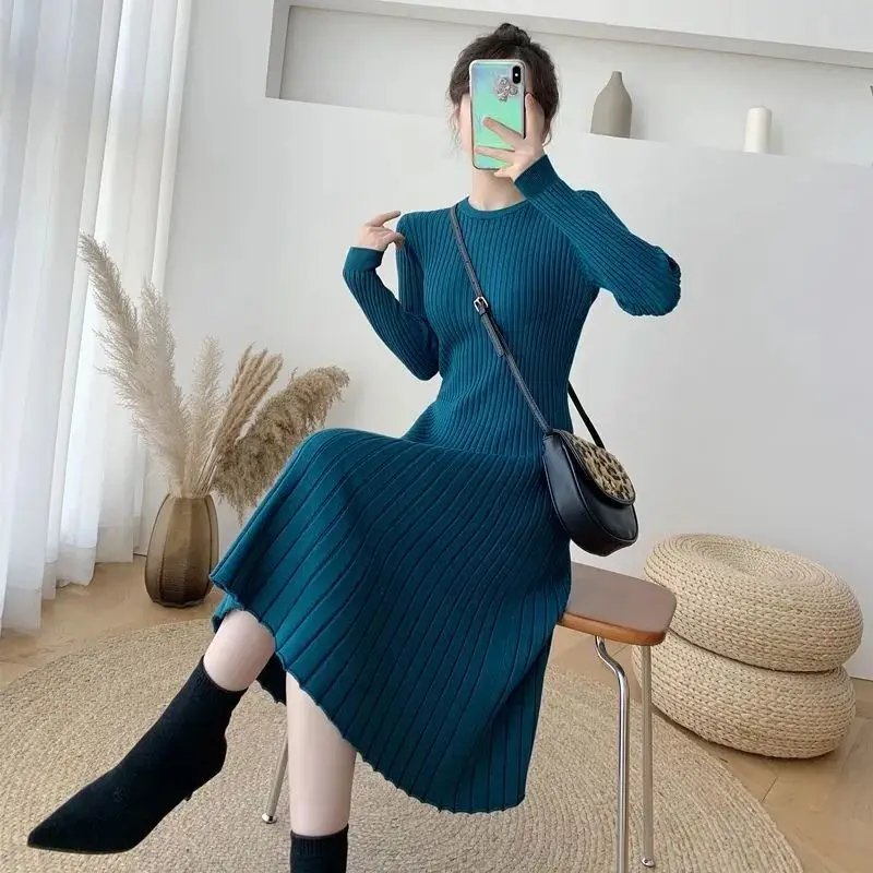 여성용 라운드넥 긴팔 니트 원피스, 하이 스트리트 스트라이프 드레스, 빈티지, 우아하고 시크한 베스티도, 용수철 가을 신상 패션