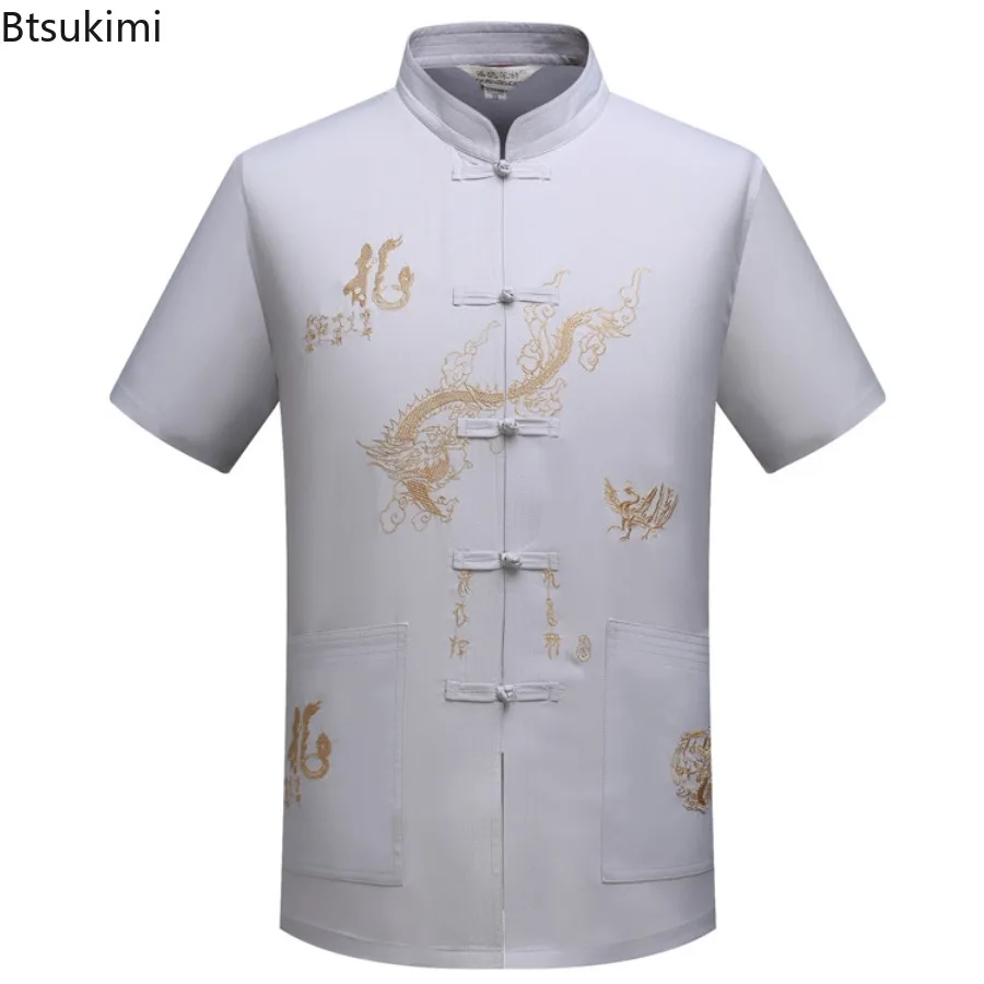 Chinese Traditional Tang Clothing Kung Fu Shirts Embroidery Casual Short Sleeve T-shirt Wing Chun Tai Chi Comfortable Men's Tops