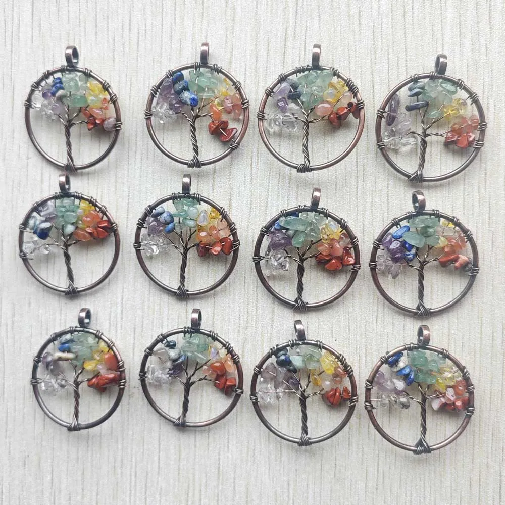 Natural stone 7 chakras Tree of life handmade antique copper wire wrapped pendants 30mm for jewelry marking Wholesale 12pcs/lot