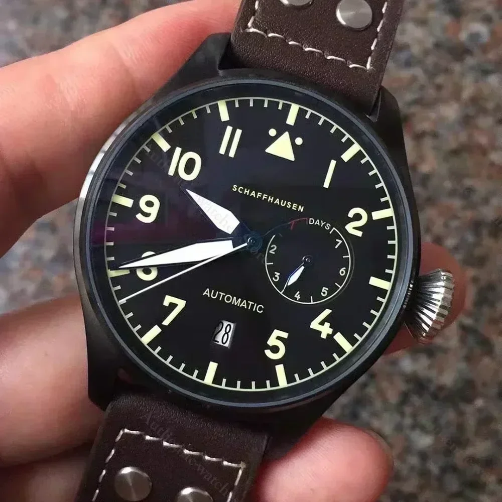 46mm أزياء الطيارين الكبار الرجال التلقائية الميكانيكية ووتش الرياضة الأسود براون الجلود البني الفولاذ المقاوم للصدأ حسب الطلب #3