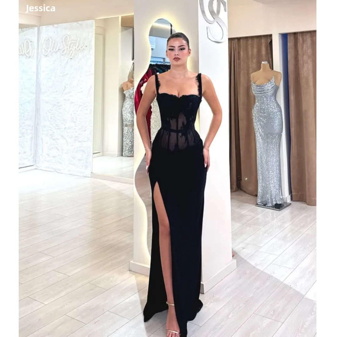 

Jessica Waist see-through Lace Evening Dresses Black Lady Prom Dresses Slim Fit With Side Slits Party Dresses Vestidos De Gala
