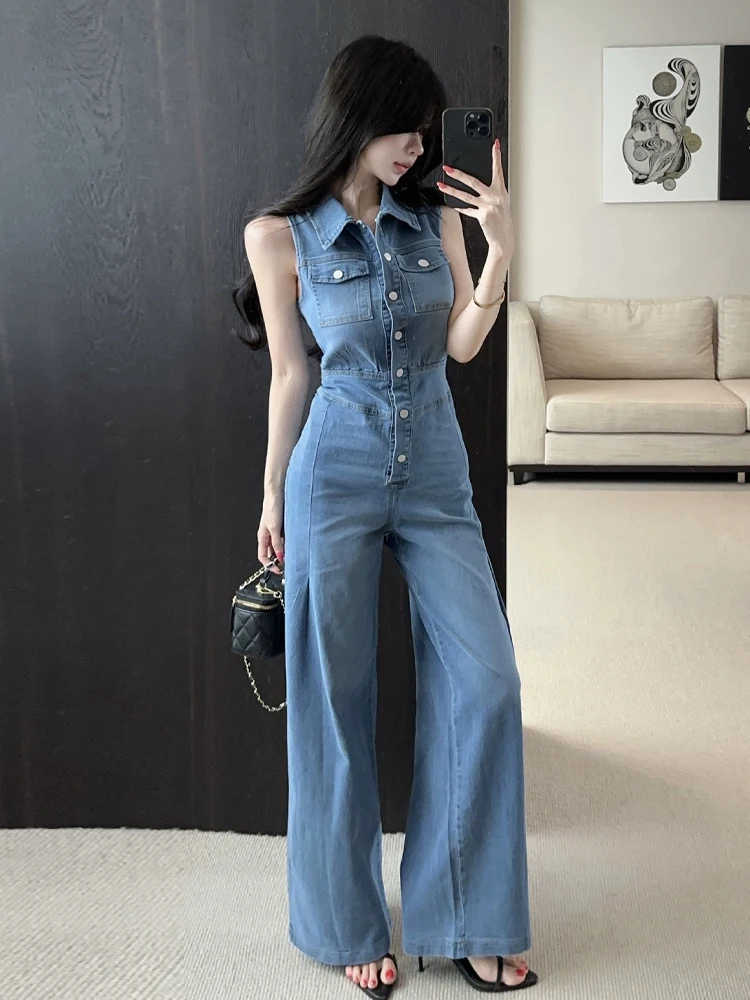 

Sexy Fashionable Loose Slimming Wide Leg Pants Vintage Style High Waist Denim Jumpsuit Sleeveless Comfortable Fit