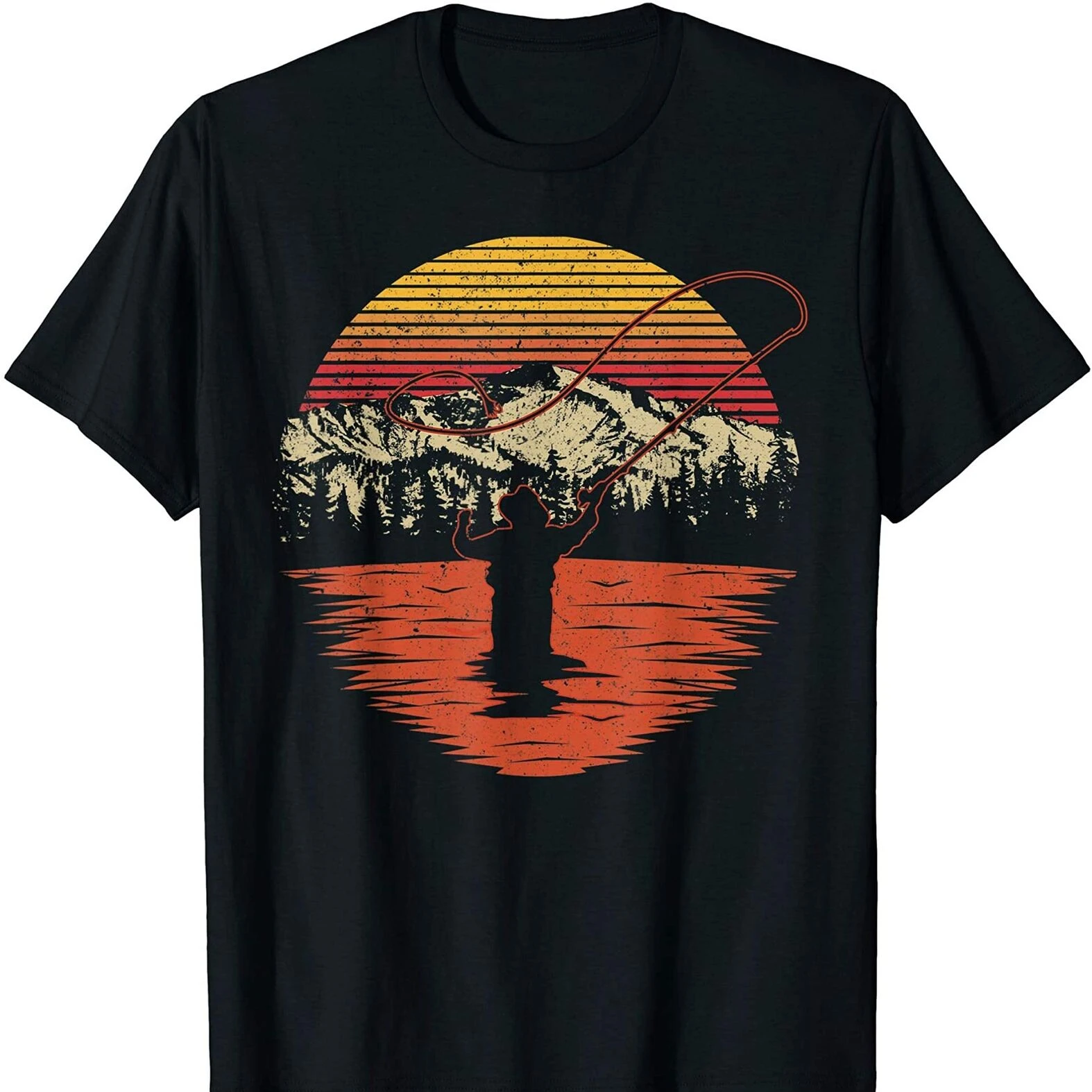 Retro Vintage Sunset Fishing Fisherman Angler Gifts T Shirt. Short Sleeve 100% Cotton Casual T-shirts Loose Top Size S-3XL