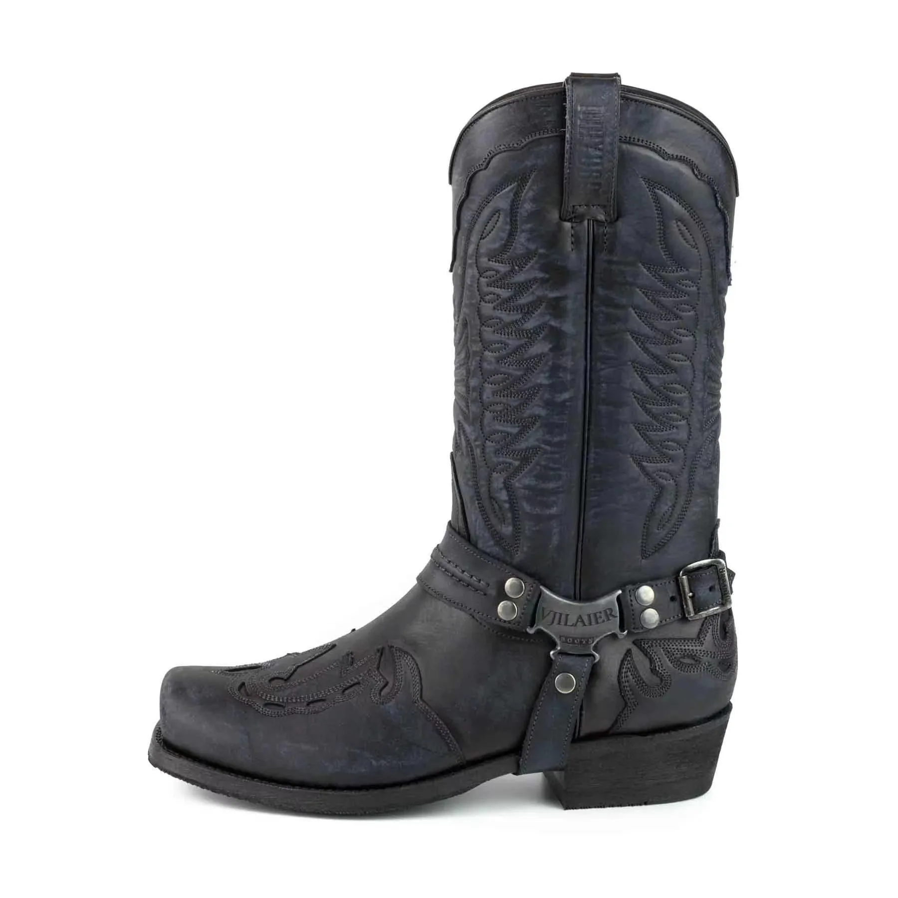 Embroidered Men Western Cowboy Boots Square Toe Buckle Strap Thick Heel Large Size Knight Botines V-Neck Mid-Calf Botas