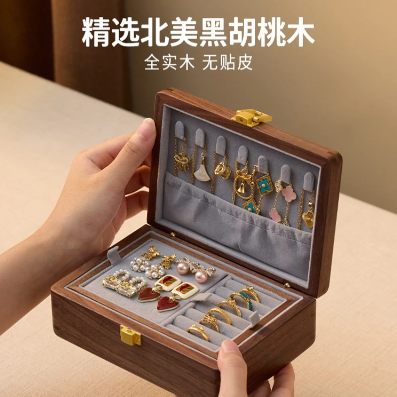 Solid Black Walnut Chinese Style Jewelry Box Luxury Trinket Organizer Birthday Gift Case for Rings Earrings Desktop Decor