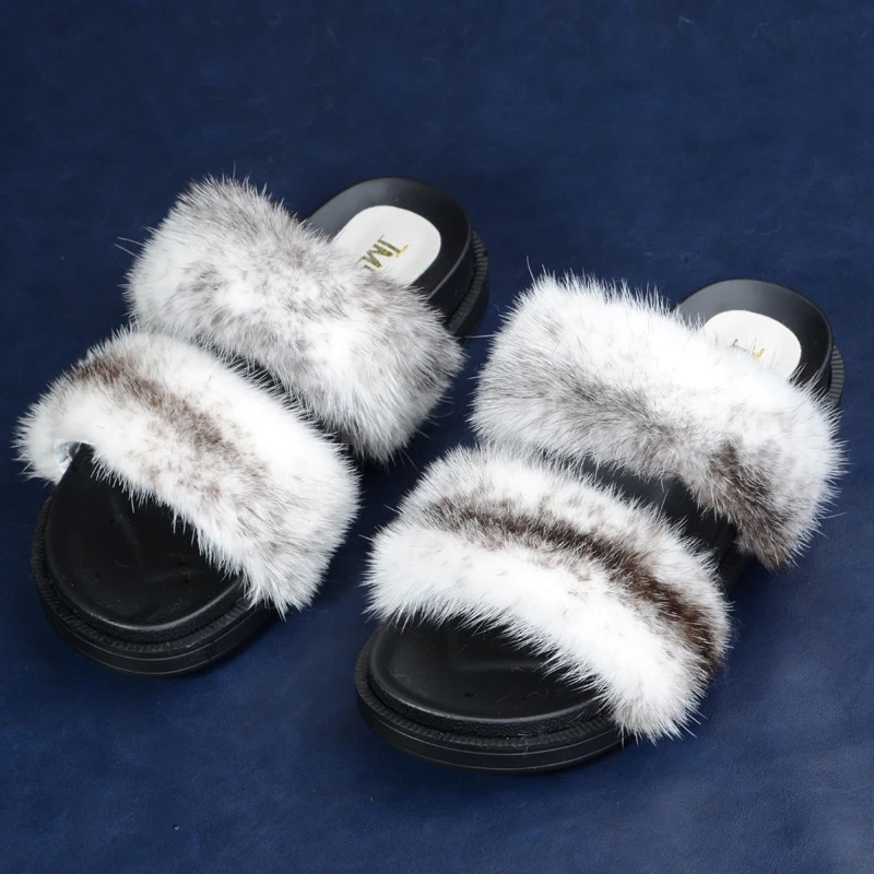 Natural Mink Fur Slippers Double Strap Real Fur Slippers For Women Fashion Fur Slippers Thick Sole Sandals Fluffy Flip Slippers