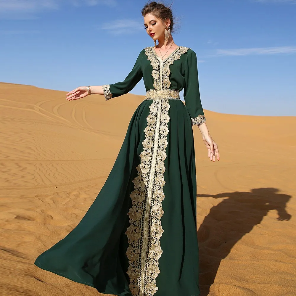 Women's Spring Summer Lace Embroidered V Neck Long Sleeve Loose Waist Pullover Solid Color Dress Luxury Kaftans Elegant Formal