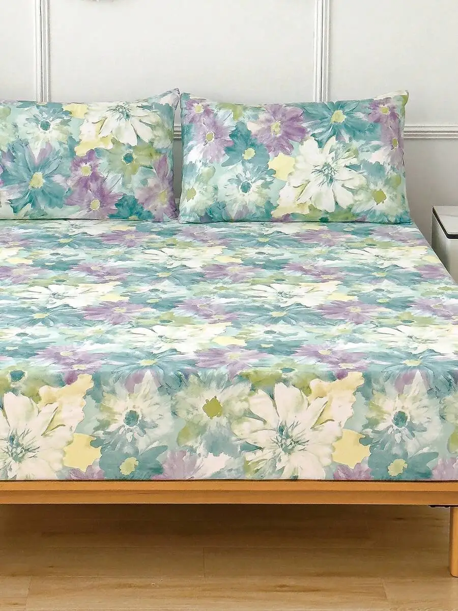 Floral Print Bed Sheet Set With Pillowcases Modern Style Mattress Cover Fits Twin Full Queen King