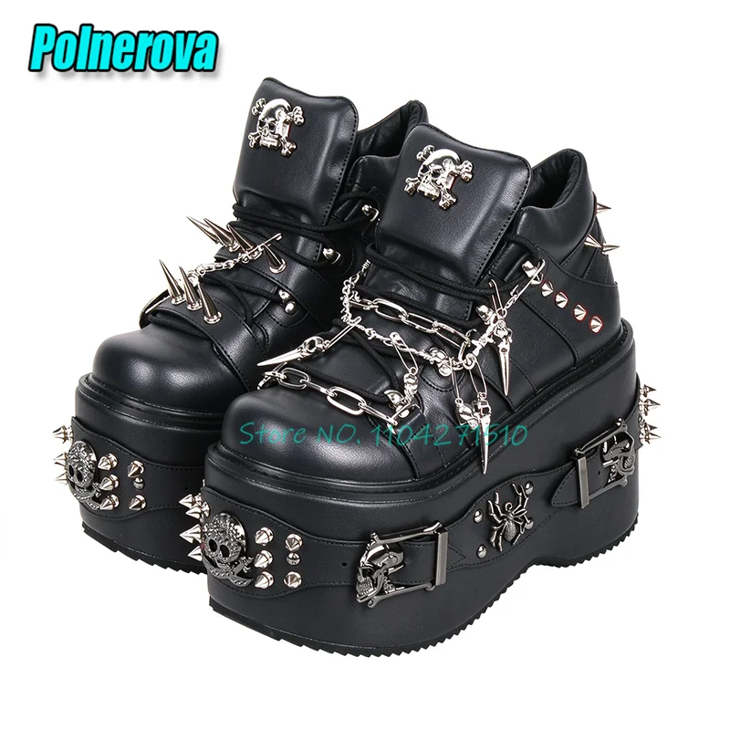Punk Black White Platform Short Boots Skull Spike Chain Rivet Buckle Strap High Top Sneakers Gothic Wedge Cosplay Women Shoes