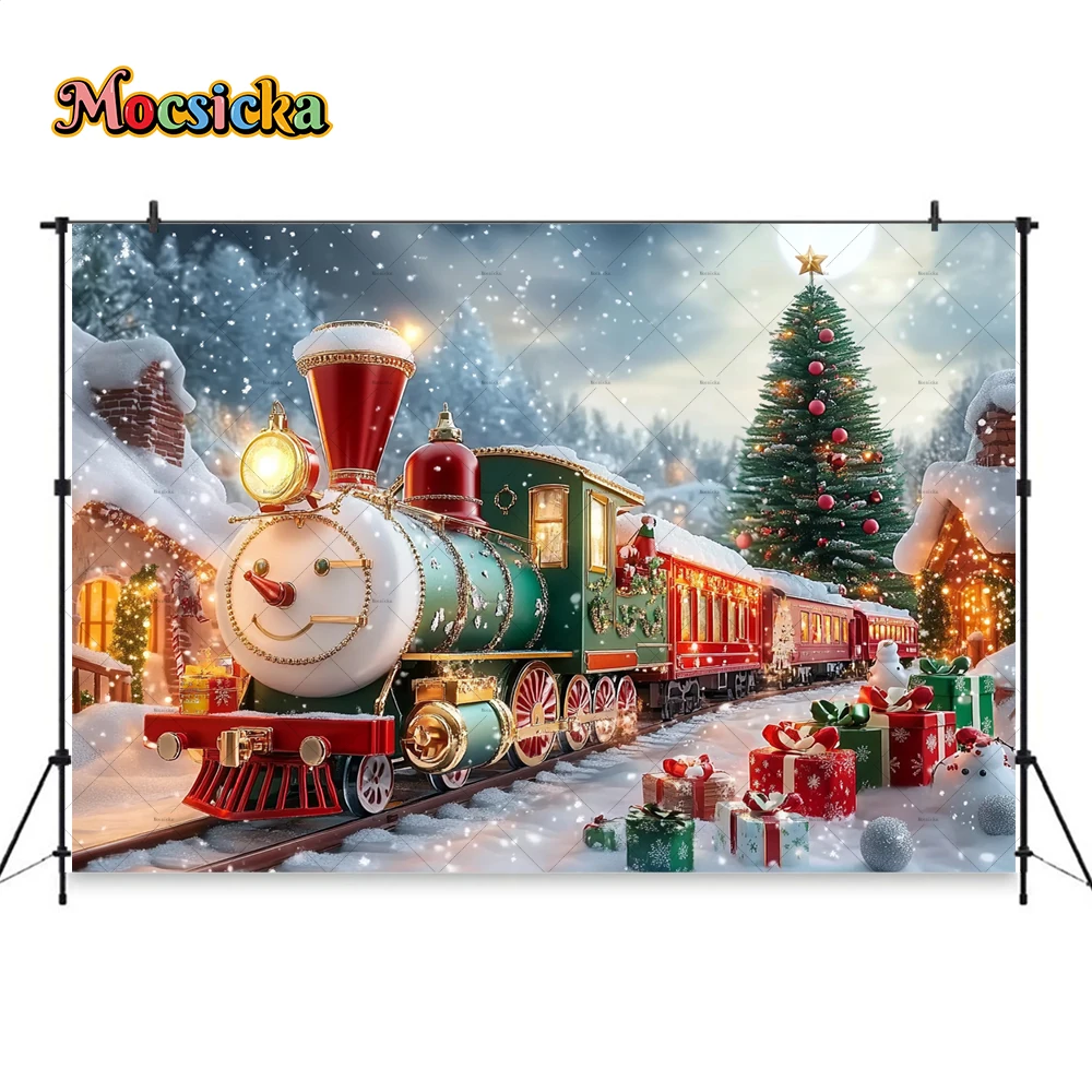 Christmas Colorful Train Background Photography New Year\'s Eve Snowman Xmas Tree Gift Backdrop Booth Kids Winter Birthday Photo