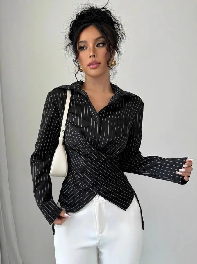 Femmes coupe ajustée longue Sve irt avec cravate à bandes décontracté Sle Faionable Ele dames Premium Quali vêtement chinois