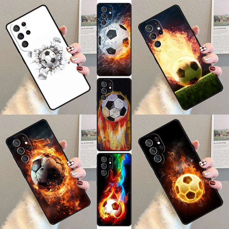 Fire Football Soccer Ball Phone Case For Samsung Galaxy S23 S21 S20 FE S24 S22 Ultra Note20 S10 S9 S8 Plus Silicone Cover