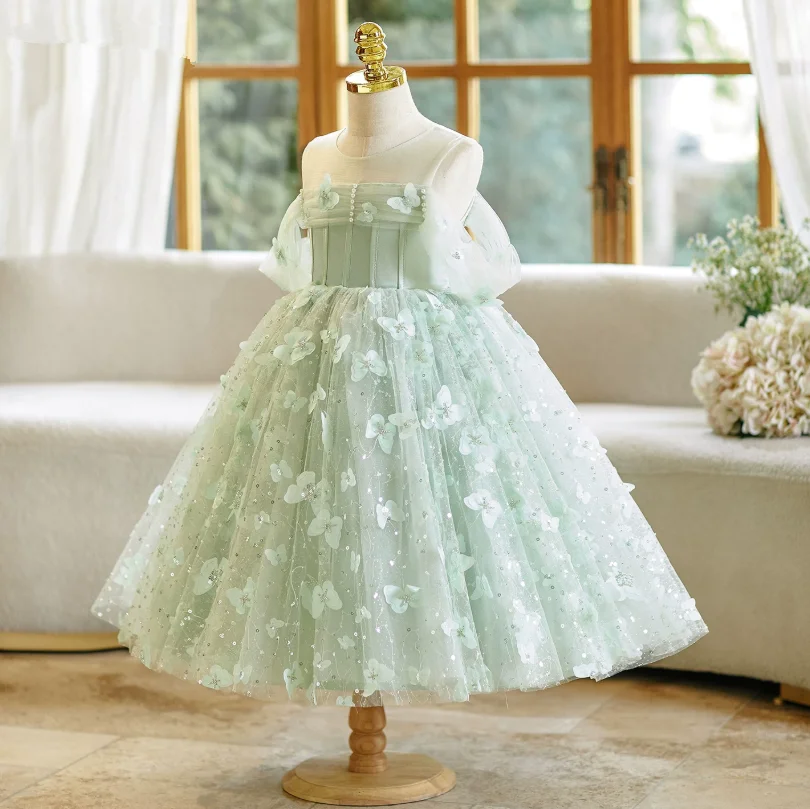 Hochwertiges Mädchen-Geburtstags-Prinzessinnenkleid, Grünes Kleid für Klavierauftritte, Kindergarten-Moderationsauftritt, Blumenmädchenkleid A5070 – Detail 5
