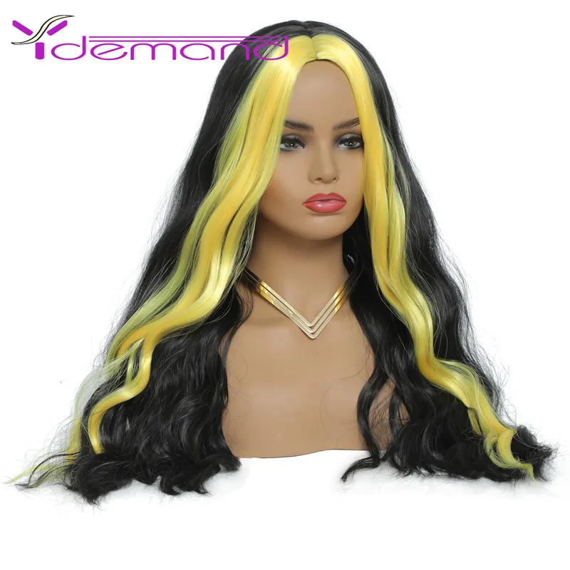 Y Demand Long Neon Wig Body Wave Hair Lady Anime Cosplay Middle Part Synthetic Wig Black Yellow Natural Hairline Wig