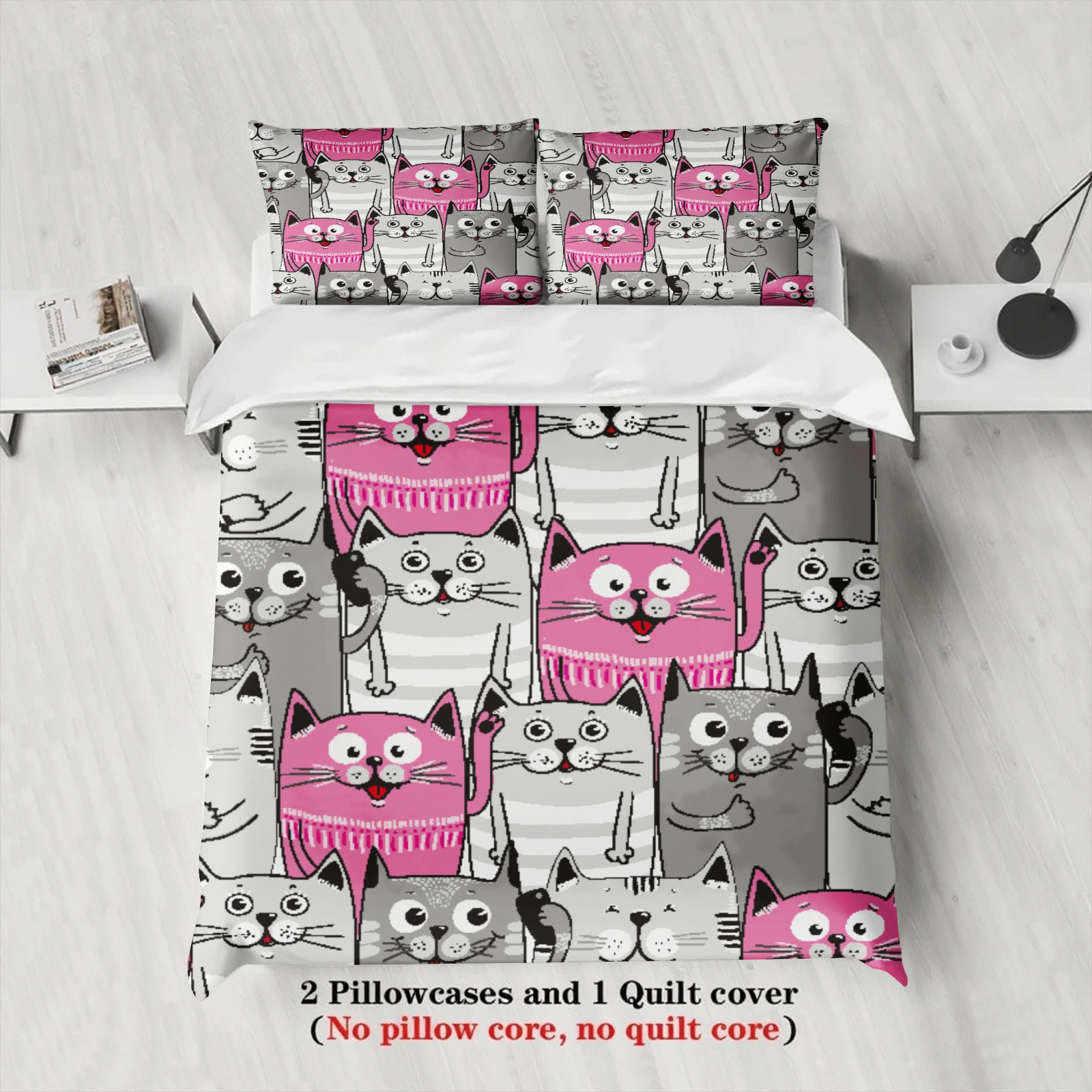 3pcs Cat Pattern Bedding Sets 3D Printed Pink And Gray Cats Single Twin Queen Size Duvet Cover Sets With Pillowcases No Filling