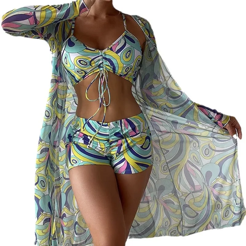 Damski 3-częściowy zestaw odzieży Split Bikini Mesh Długi luźny kardigan Cover Up Biustonosz Szorty Spodnie z nadrukiem