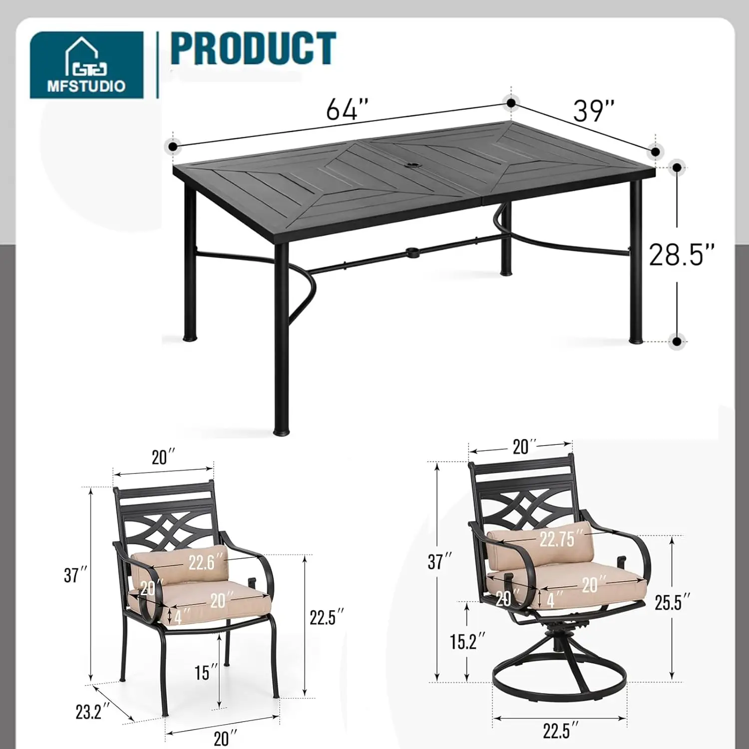 7 Pieces Outdoor Patio Dining Set for 6 with 1 Steel Frame Slat Larger Rectangular Fretwork Table and 4 Chairs, 2 Swivel Chairs