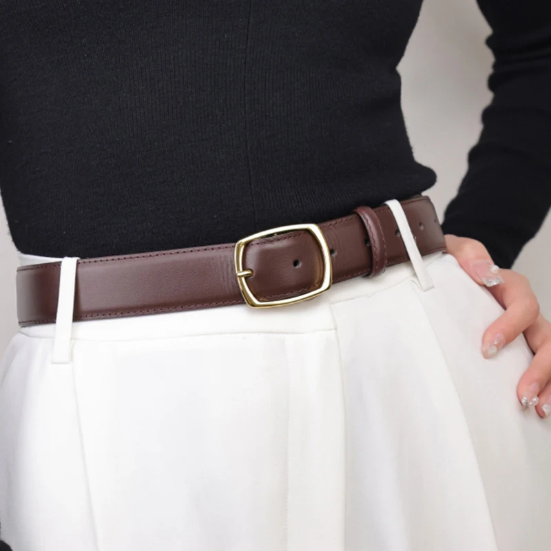 

Women Genuine Leather Belt for Jeans Fashion Ladies Waistband for Pants Dresses Golden Buckle Jeans Belts Trendy 2.8cm Wide Belt