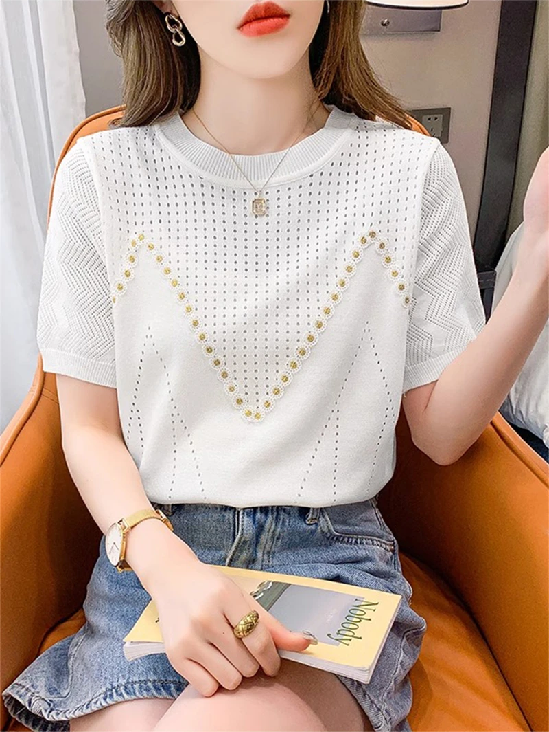 Summer New Color Contrast Short sleeved T-shirt Women\'s Round Neck Hollow Knitted Shirt Women\'s Top 69003