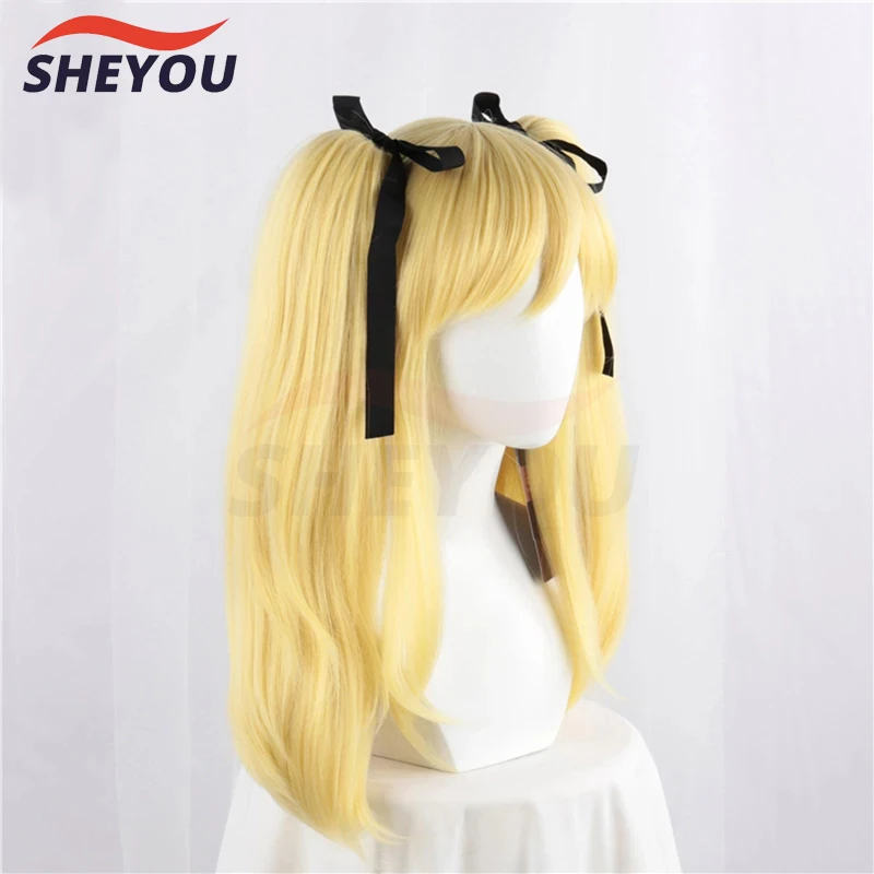 High Quality Anime Kakegurui Mary Saotome Meari Blonde Ponytail Hair Heat Resistant Cosplay Wig + Silk Black Ribbon + Wig Cap