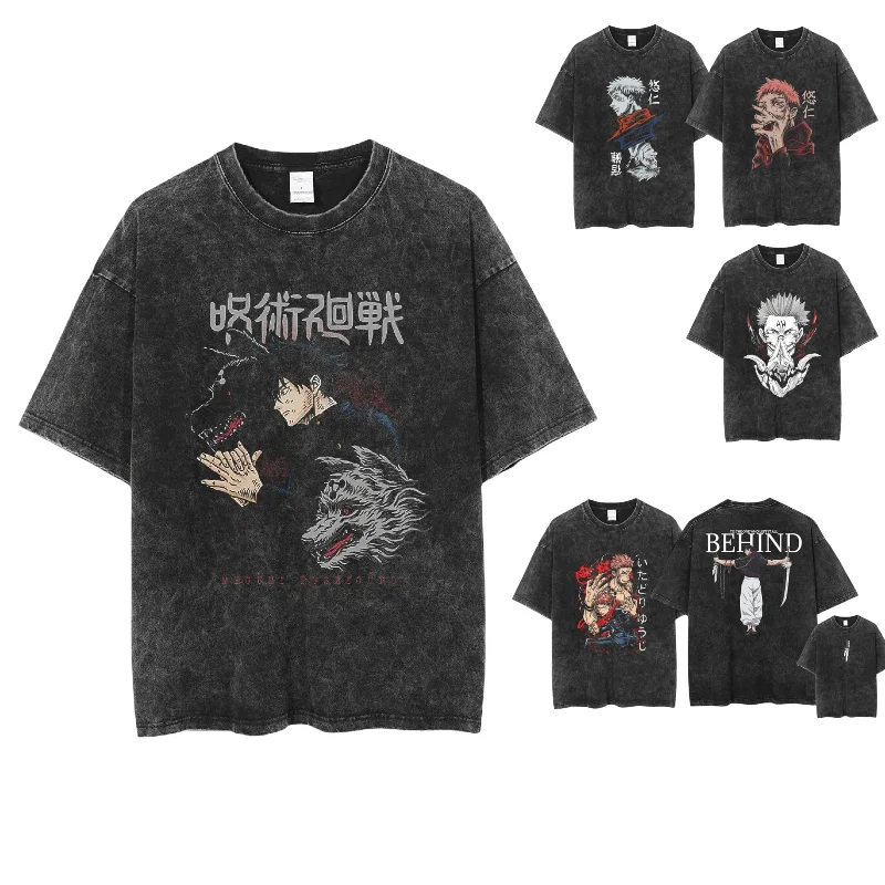 

Washed Vintage T-Shirt Street Anime Graphic Casual Cotton Summer Short Sleeve