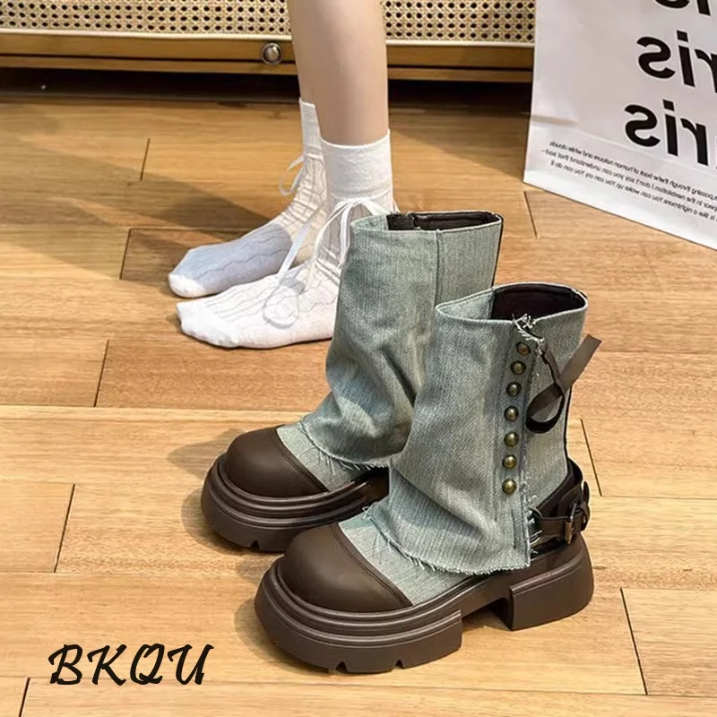 BKQU Black British Style Platform Boots Women's Summer 2024 New Explosive Western Cowboy Short Boots Canvas Metal Decoration