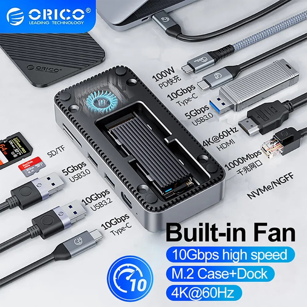 orico usb c adaptador de docking hdd com ventilador m2 nvme gabinete sata ssd 10gbps pd100w rj45 sd tf 4k laptop macbook pro 01