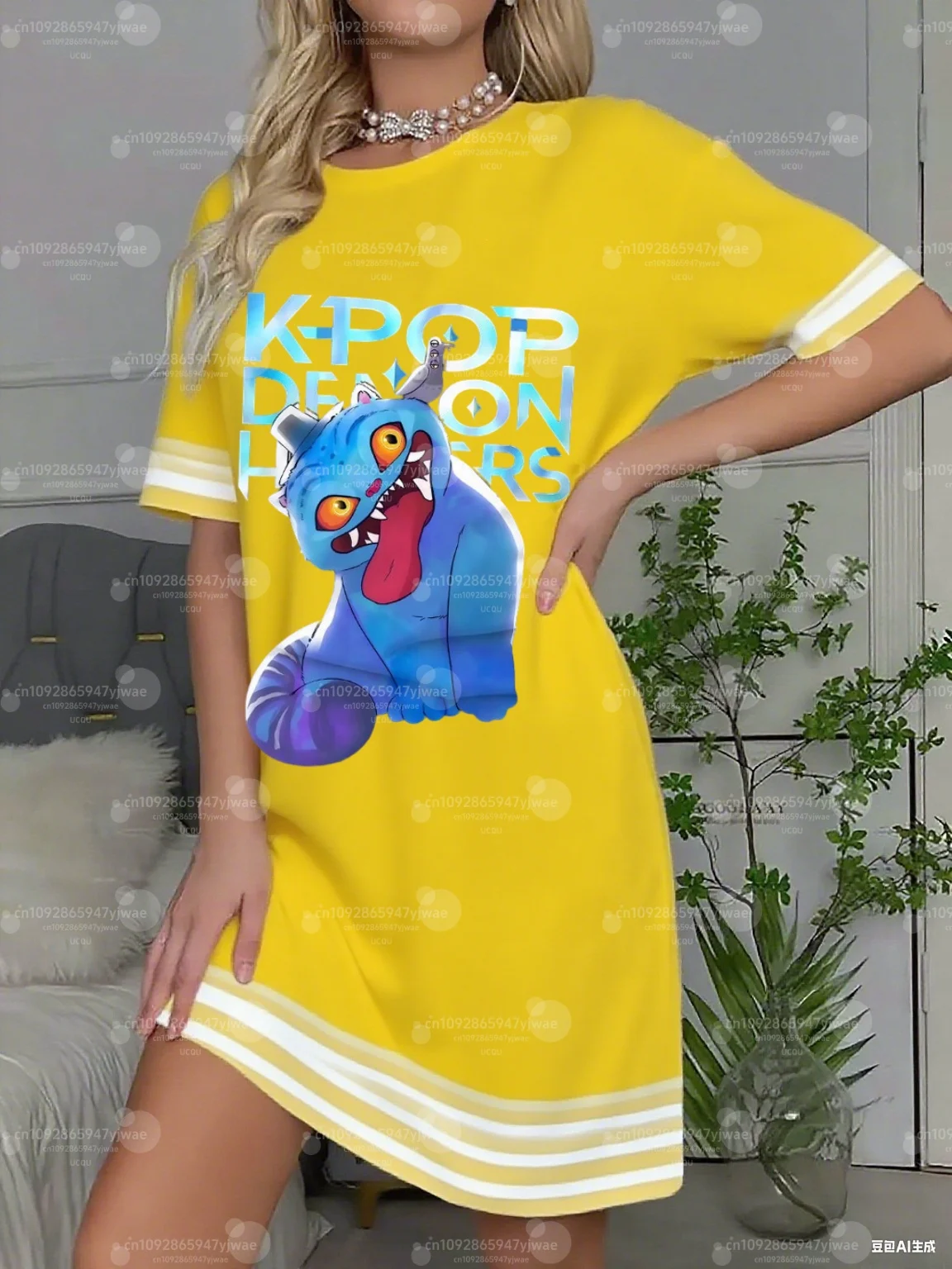 Kpop Demon Hunter print T-Shirt Dress Loose Casual  O-Neck Lady Short Sleeve Pullover nightDresses Women Clothing