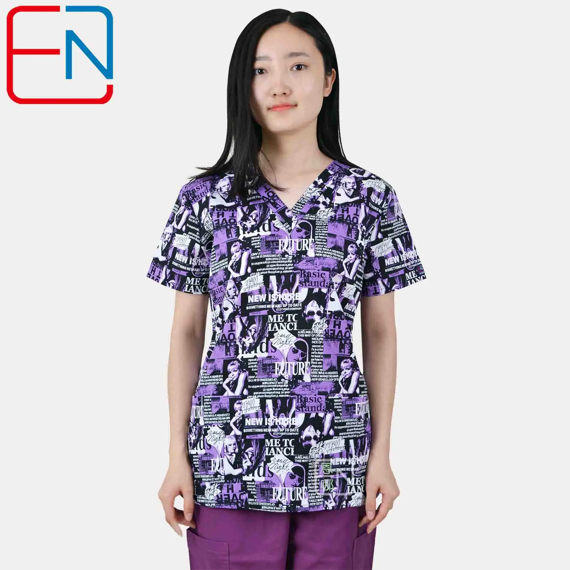 

Hennar Medical Scrub Tops In 100% Cotton XXS to 5XL in black and Purple