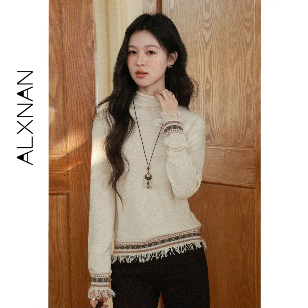 ALXNAN Women's Apricot Mock Neck Long Sleeve Knit Top Tassel Trim Slimming Versatile Commuter Minimalist Autumn 2026 L68881