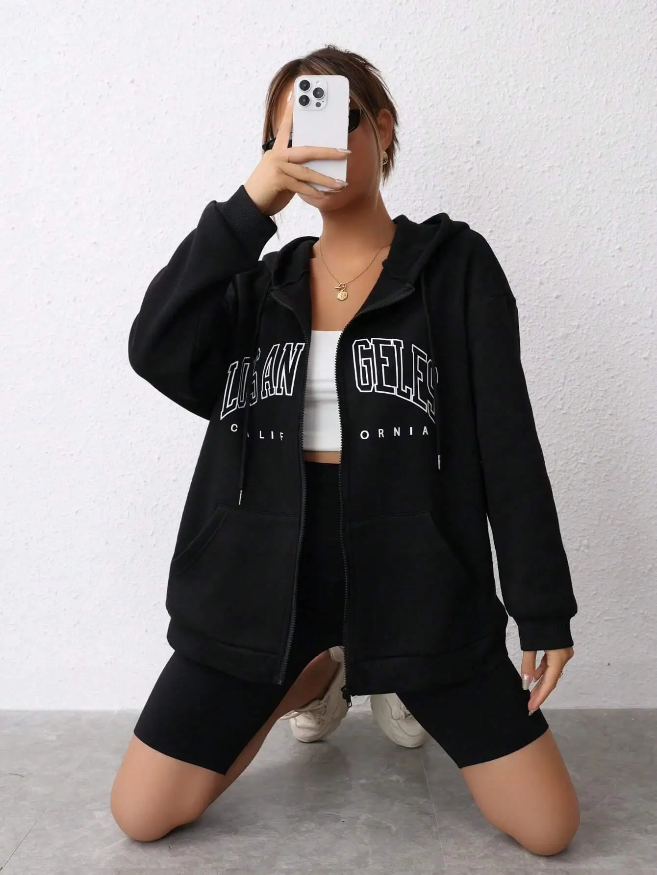 Sudaderas con capucha con cremallera y letras de Arte de Los Ángeles para mujer, ropa de calle de lana de Hip Hop, ropa cómoda que combina con todo, ropa deportiva con bolsillo Y2K