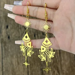 Vintage Hollowed Mushroom Moon Sun Tassel Drop Dangle Earrings for Women Crystal Stone Moth Pendant Earring Bohemian Jewely
