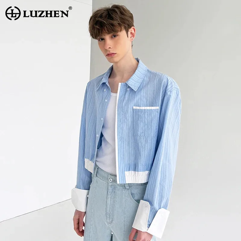 LUZHEN Fashion Color Contrast Design Stripe Printed Long Sleeve Shirts Men's 2025 New Handsome Pockets Decorate Male Tops JY3197