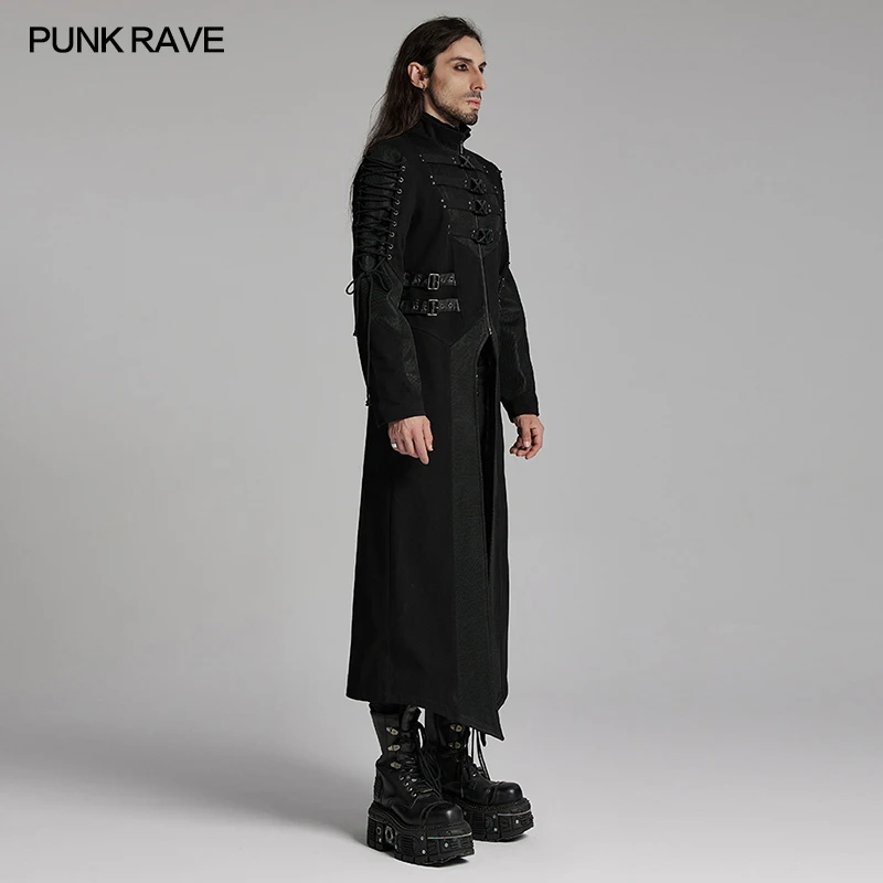 PUNK RAVE Men's Punk Wild Vision Twill X-shaped Long Jacket Irregular Double-layer Splicing Design Jackets for Men Clothing