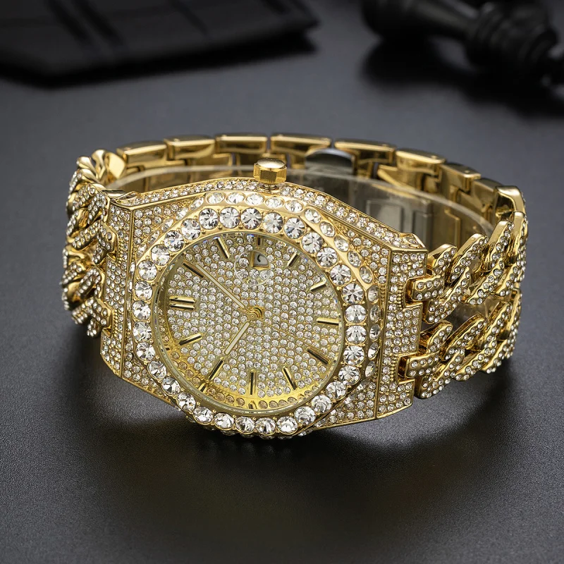 Men's Cuban Link Chain Quartz Watch, Iced Diamond Watch, Hip Hop Moda, Frete Grátis, Nova Marca, Frete Grátis