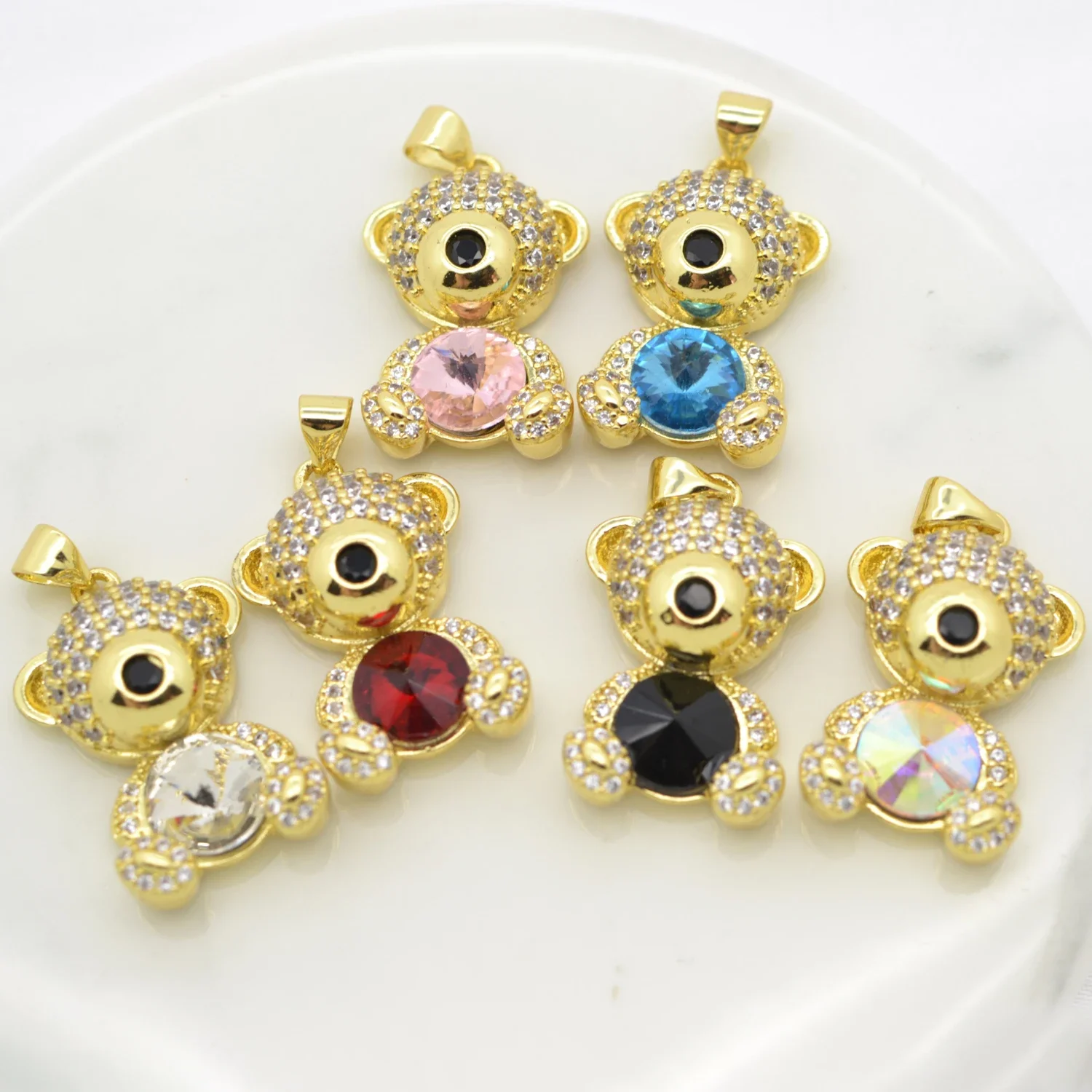 

10 Piece Bear Pendant Handmade Diy Necklace Making Accessories for Women Inlay Multi Color Zircon Copper Plated Charm Wholesale