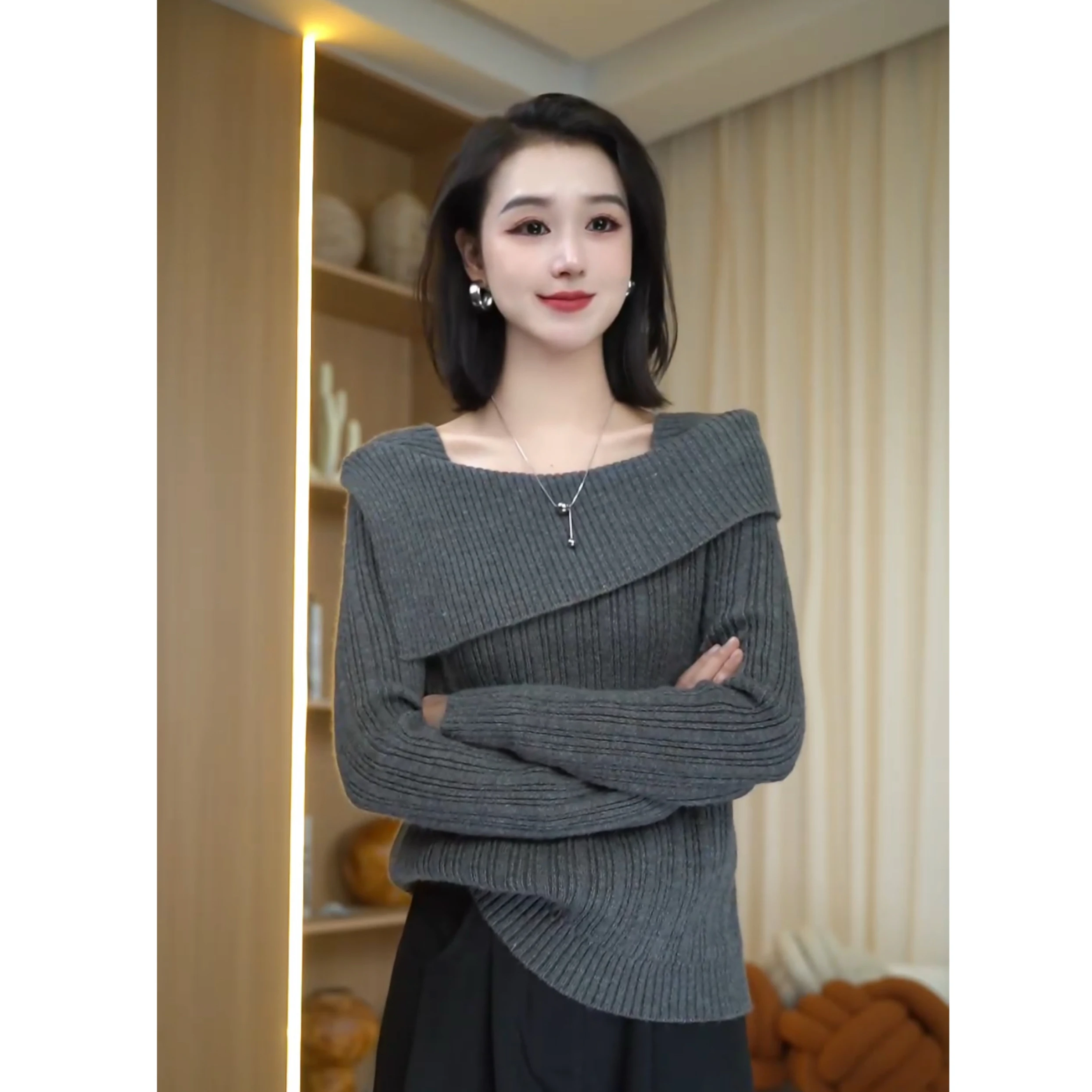 Suéter de Mujer de Punto Hoado para Otoño e Invierno, Ajustado en los Hombros, de una Pieza, Cómodo, Cálido, de Manga Larga...