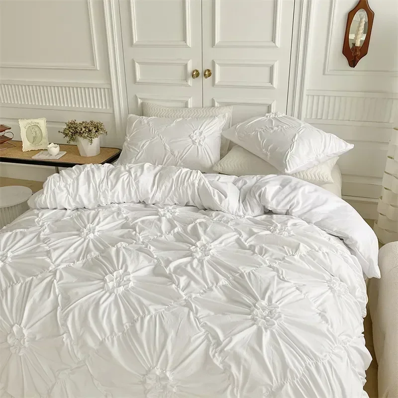 High End Three-dimensional Pinch Pleated Duvet Cover Set Queen Solid Color Single Double Bedding Set Quilt Cover and Pillowcase