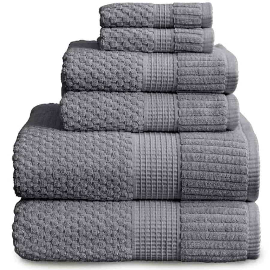 

Bathroom towel set: 100 cotton, charcoal grey, super soft absorbent quick-dry, textured and durable, 6-piece 2 bath, 2 hand, 2