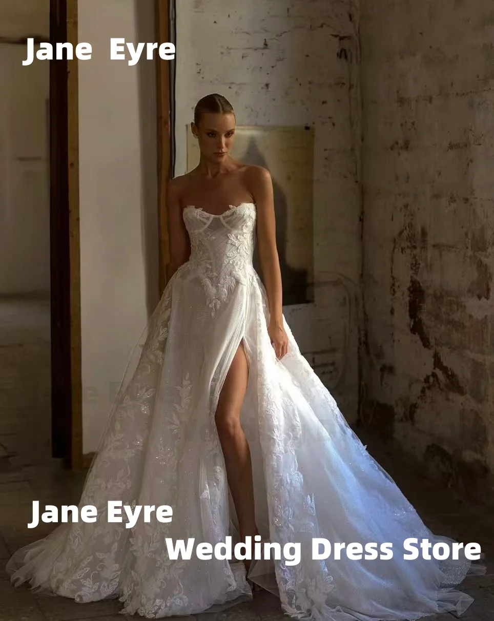 

Jane Eyre Sweetheart Tulle Wedding Dresses Strapless Exquisite Lace Appliques Backless Luxury High Split Bridal Gowns vestidos d